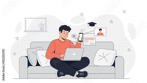 Man learning online on laptop and phone, sitting on sofa, modern illustration style