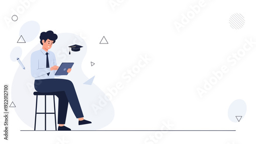 Man Studying Online with Tablet and Graduation Cap Icon