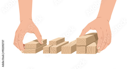 Two human hands are carefully arranging and stacking small rectangular wooden blocks into short piles on a clean, isolated white background.