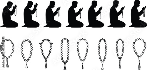 Collection of Muslim man silhouettes praying with tasbih and various Islamic prayer bead designs for Ramadan, Eid, and spiritual meditation themes.