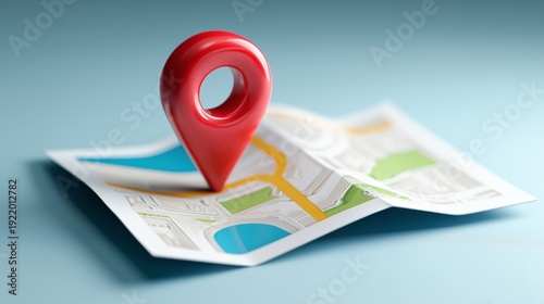 3D Red Location Pin Icon on Folded City Map, GPS Navigation and Destination Pointer Concept Isolated on Soft Blue Background