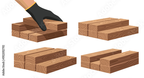 A gloved hand is seen placing a wooden block on one of four distinct stacks of timber planks, all neatly arranged on an isolated white background.