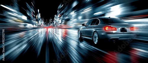 Fast Car Speeding on Night City Street with Motion Blur, Modern Luxury Sedan Driving Through Urban Skyscrapers at Night