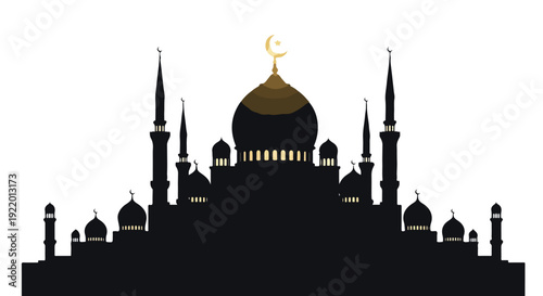 Mosque Silhouette with Domes and Minarets.