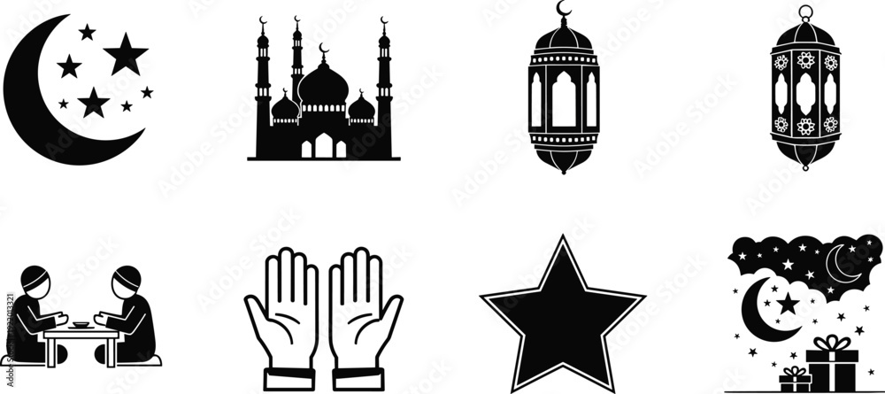 Fototapeta premium Detailed Black Mosque Silhouette with Grand Dome and Minarets Isolated on White Background for Islamic Religious Design Ramadan and Eid