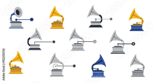 A diverse collection of multiple vintage-style gramophones, featuring various colors such as gold, silver, and blue, are scattered across a pure white background.