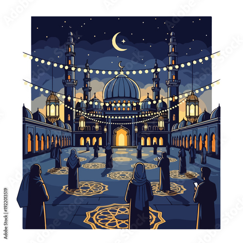 Muslim Men Praying in Mosque at Night.