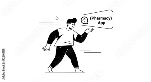 Line Art Illustration of a Man Using a Pharmacy App for Health and Wellness Needs