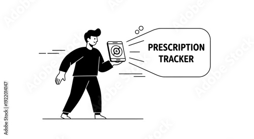 Line Art Illustration of a Person Holding a Smartphone with a Prescription Tracker App