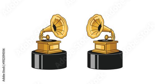 Two identical golden gramophone trophies, each featuring a polished black circular base, are symmetrically positioned on a clean white background.