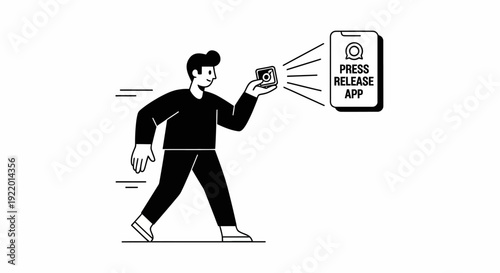 Line Art Illustration of a Person Holding a Smartphone with a Press Release App