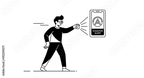 Line Art Illustration of a Person Receiving a Disaster Alert on Their Mobile Phone