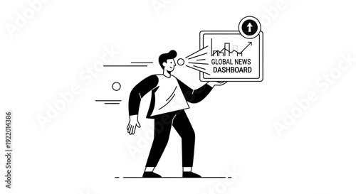 Global News Dashboard Line Art Illustration of a Man Presenting Data Insights