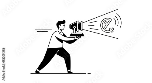 Minimalist Line Art Illustration of a Person Holding a Laptop Projecting a Wifi Signal