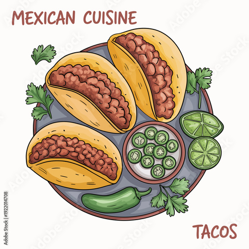 mexican tacos filled with savory beef, fresh tomatoes, creamy avocado, spicy chili, and onions, presented on a clean isolated white background for commercial food photography projects.