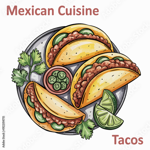 mexican tacos filled with savory beef, fresh tomatoes, creamy avocado, spicy chili, and onions, presented on a clean isolated white background for commercial food photography projects.