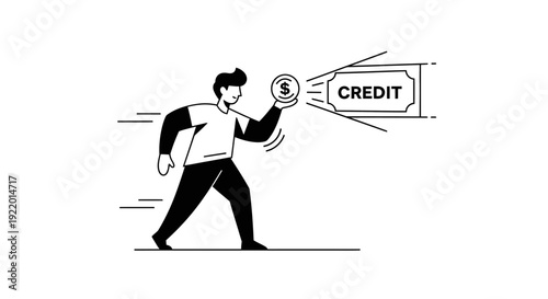 Line Art Illustration of a Person Running with a Credit Coin and a Credit Label