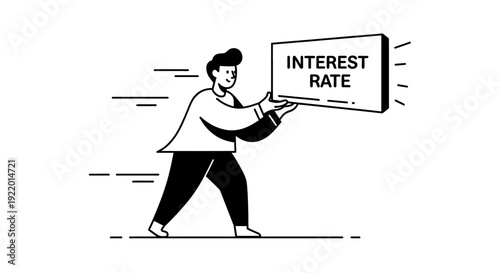 Line Art Illustration of a Person Holding a Sign with the Text 'Interest Rate'