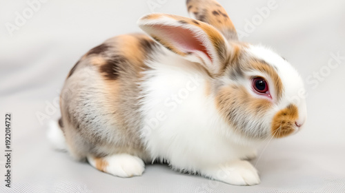 A pet rabbit with dilute calico markings and a large dewlap