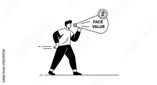 Line Art Illustration of a Person Announcing 'Face Value' with Money Symbol