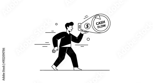 Line Art Illustration of a Man Holding a Megaphone Announcing Cash Flow with Dollar Sign