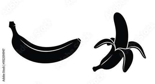 Two bananas one peeled depicted in a striking black silhouette