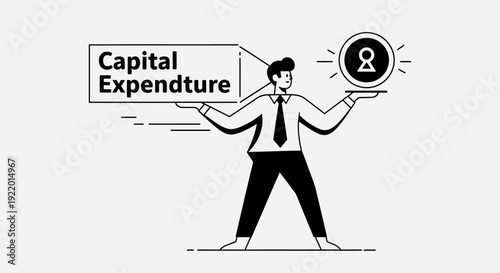 Line Art Illustration of a Businessman Holding a Key Symbolizing Capital Expenditure