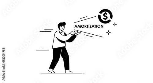Line Art Illustration of a Person Holding a Coin with the Word Amortization Symbolizing Financial Planning