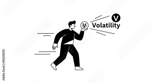 Line Art Illustration of a Person Holding a Coin with 'Volatility' Text Symbolizing Financial Instability