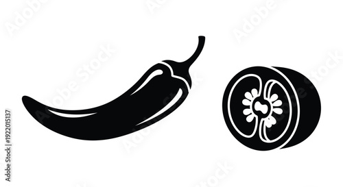A whole and sliced chili pepper displayed in black silhouette