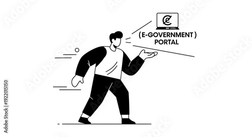 Line Art Illustration of a Person Presenting an E-Government Portal with a Computer Icon