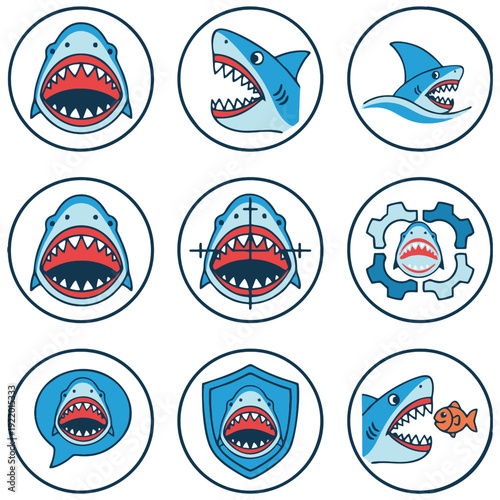 Shark icon collection features various blue shark illustrations including a shark in crosshairs inside a speech bubble and a shark eating a fish