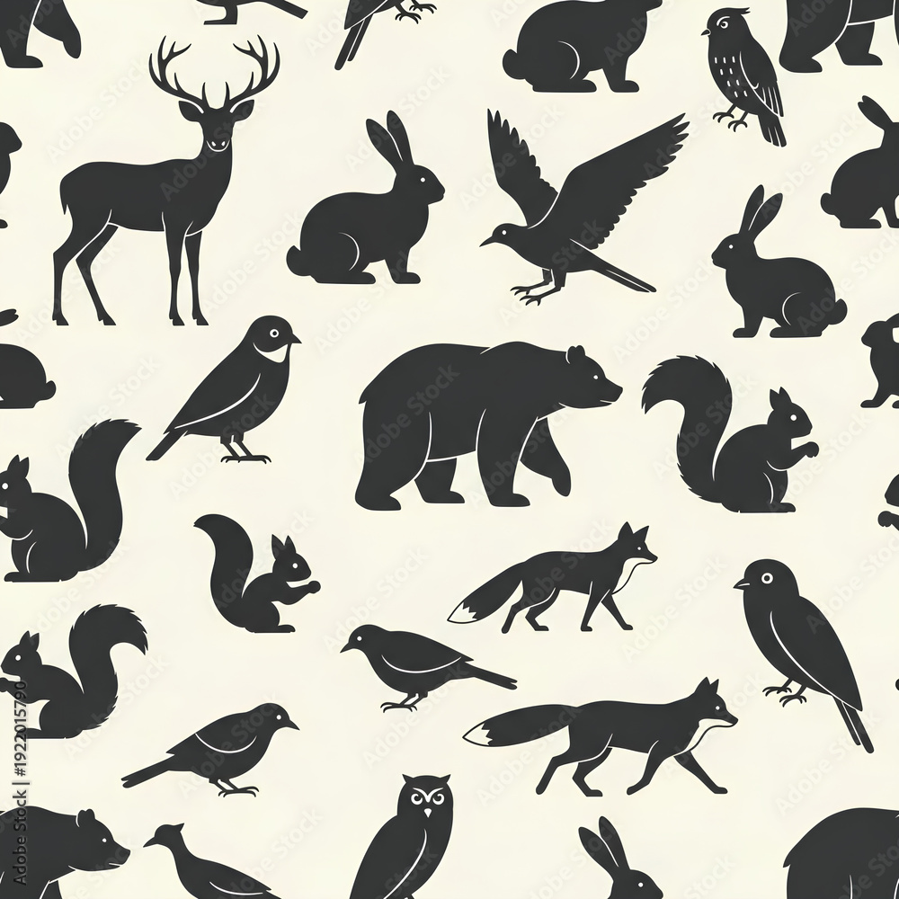 Obraz premium Seamless Pattern of Forest Animals Silhouettes on Cream Background 9.