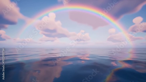 Rainbow over calm ocean with cloudy sky reflection.