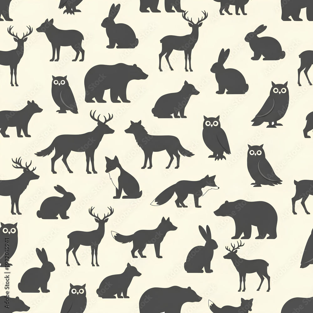 Obraz premium Seamless Pattern of Forest Animals Silhouettes on Cream Background.