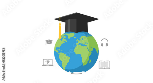 A stylized illustration of a blue and green Earth globe wearing a black graduation cap with a golden tassel, surrounded by educational icons.