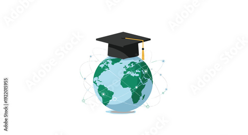 A simplified illustration of a blue and green Earth globe wearing a black graduation cap with a golden tassel, with a global network.