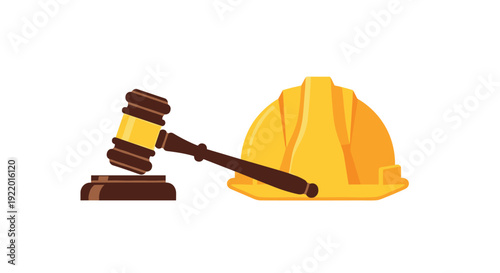A classic wooden judge's gavel resting next to a bright yellow construction hard hat on a white background.