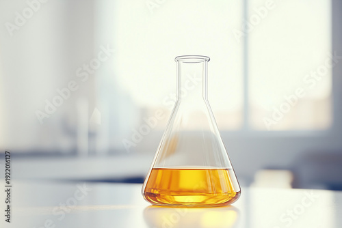Laboratory glass flask with yellow liquid on clean table background, scientific research concept, chemistry experiment equipment, pharmaceutical industry, medical laboratory analysis and science