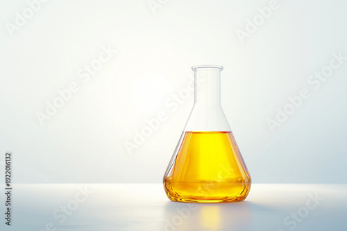 Laboratory flask with golden chemical liquid on neutral background, science experiment concept, pharmaceutical research equipment, biotechnology analysis, clean minimal laboratory scene