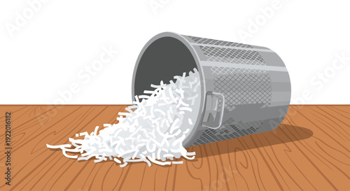A gray metal mesh trash can is tipped over on a brown wooden table, spilling a large pile of white shredded paper across the surface.
