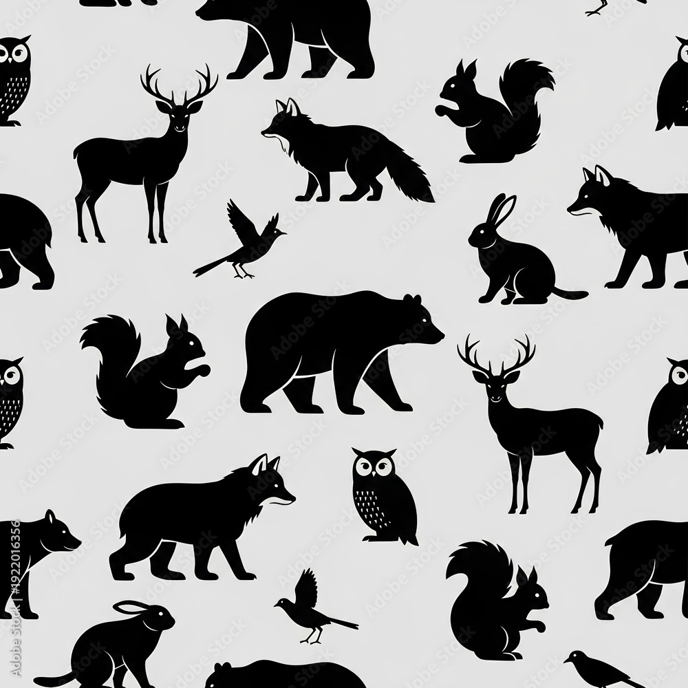Obraz premium Seamless Pattern of Forest Animals Silhouettes on Light Background 3.