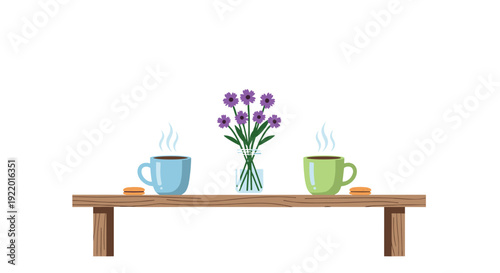 Two steaming coffee mugs, one blue and one green, with purple flowers in a vase and two macarons, arranged on a rustic wooden shelf.