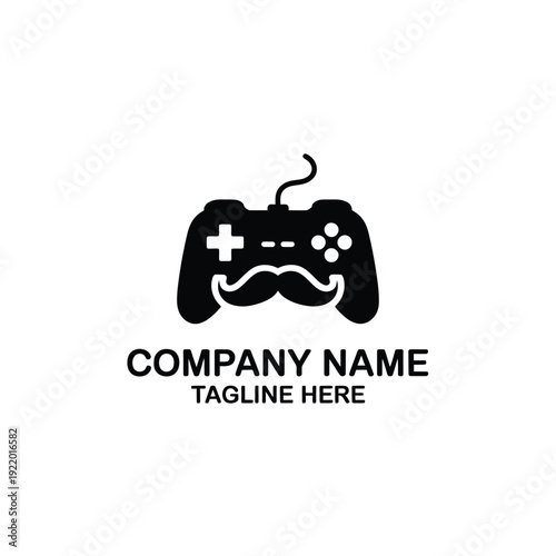 Stylized gaming controller with mustache and company branding elements