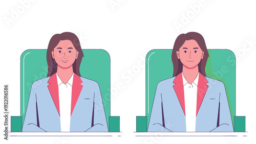 Two identical young business women with long brown hair sitting in green chairs and looking directly forward.