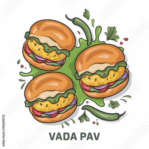 vada pav is a popular street food from mumbai, consisting of a spicy potato fritter served inside a soft bread roll, often accompanied by traditional chutneys for a savory snack.