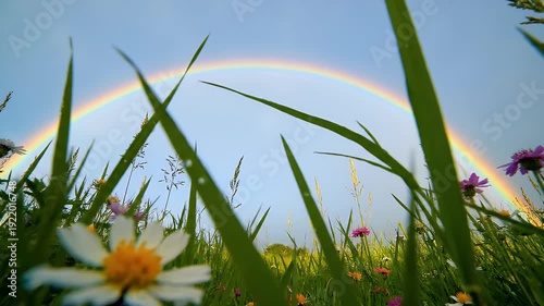Rainbow Over Field of Wildflowers and Grass.