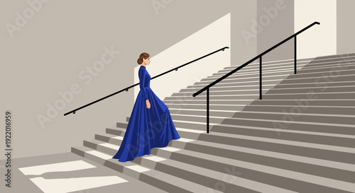Woman in blue dress ascends grand staircase