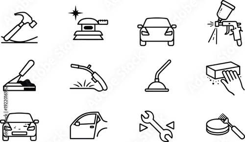 Collection of twelve black and white car repair and maintenance icons featuring tools, cleaning, polishing, painting, detailing, and mechanical adjustment representing automotive service and workshop 