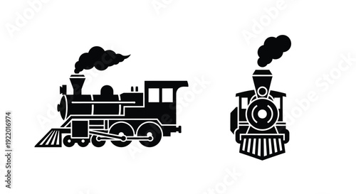 Two vintage steam locomotives depicted in a dark silhouette